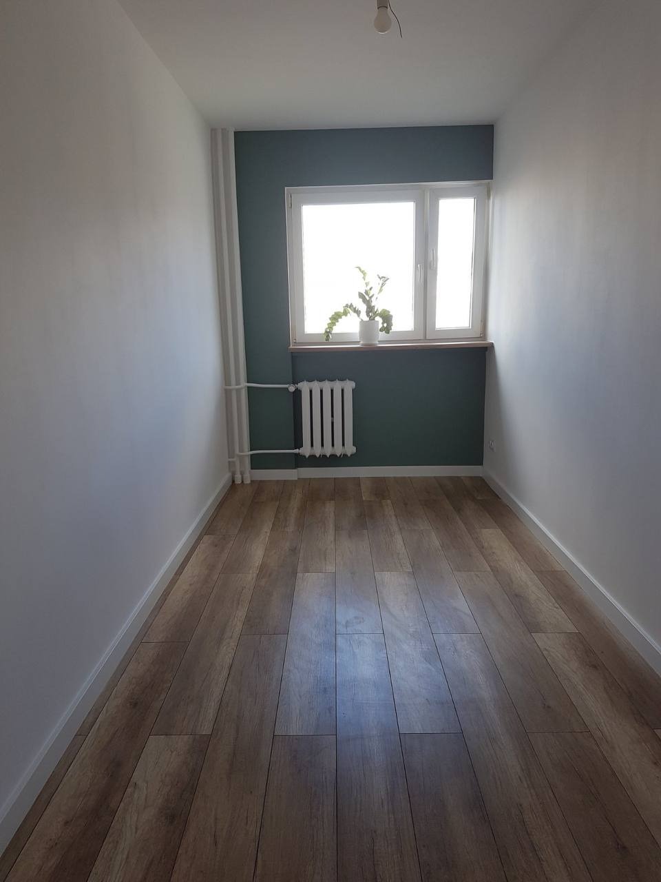 Wnętrze po remoncie: drewnopodobne panele, białe ściany, okno z rośliną, ściana pomalowana na ciemny zielony kolor. Grzejnik pod oknem. Minimalistyczny design.