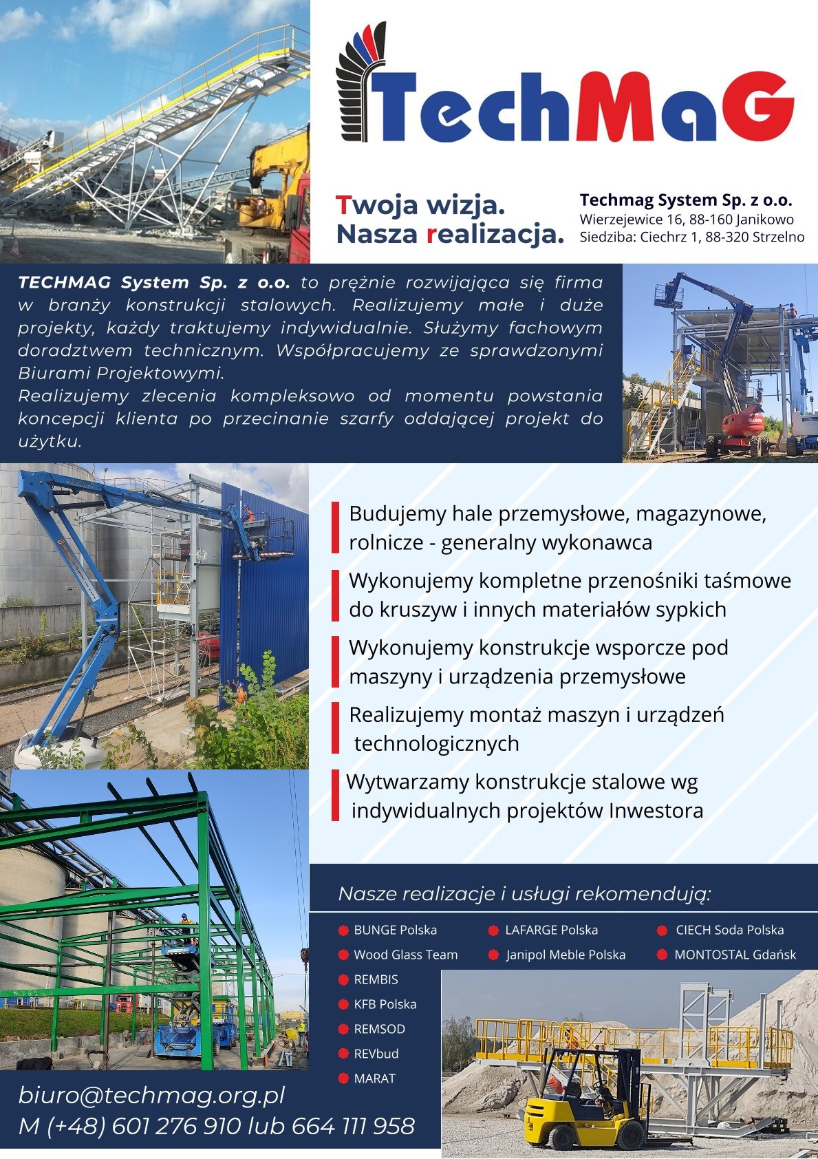 Kolaż zdjęć prezentujący realizacje firmy TechMag System Sp. z o.o. w branży konstrukcji stalowych, w tym budowę hal przemysłowych, montaż przenośników taśmowych i konstrukcji wsporczych...
