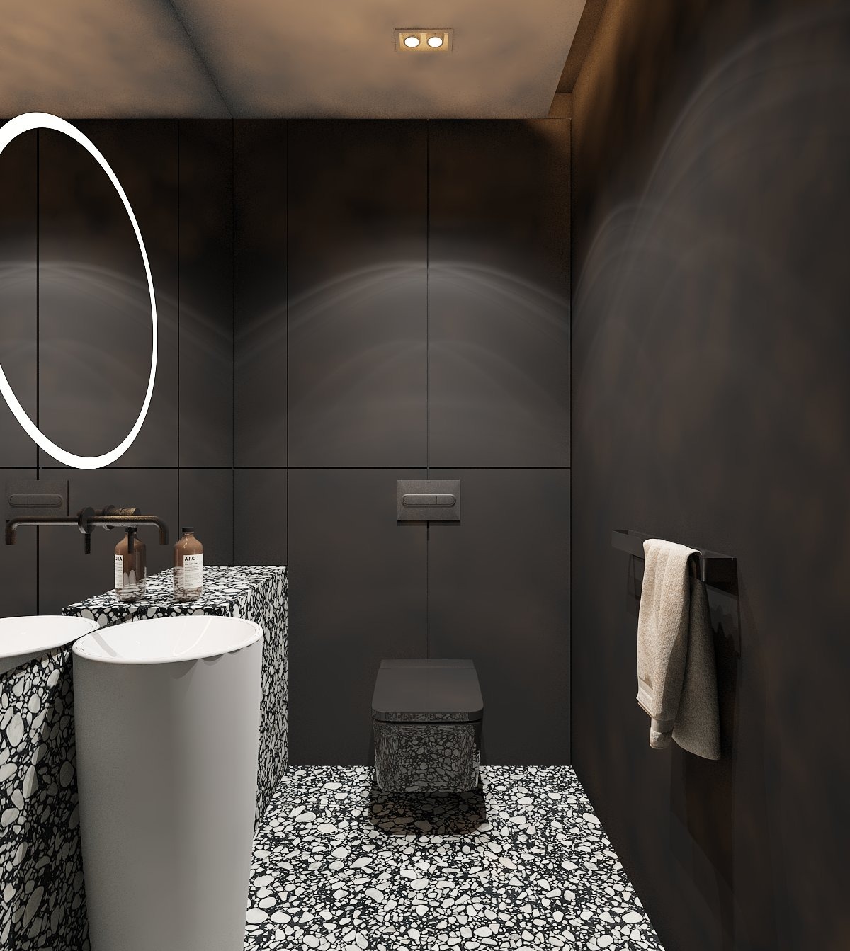 Nowoczesna łazienka w czerni z umywalką na blacie z lastryko, okrągłym lustrem z podświetleniem LED i podłogą w czarno-białe wzory.