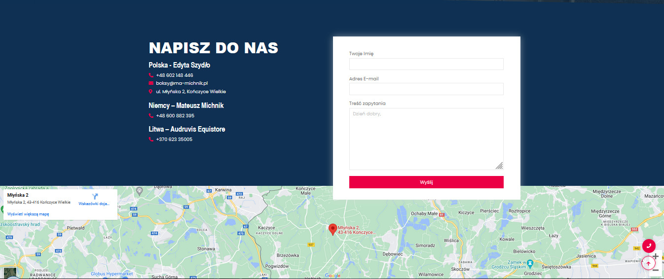Formularz kontaktowy z danymi firmy i mapą lokalizacji biura na stronie internetowej, obejmujący pola na imię, adres e-mail i treść zapytania.