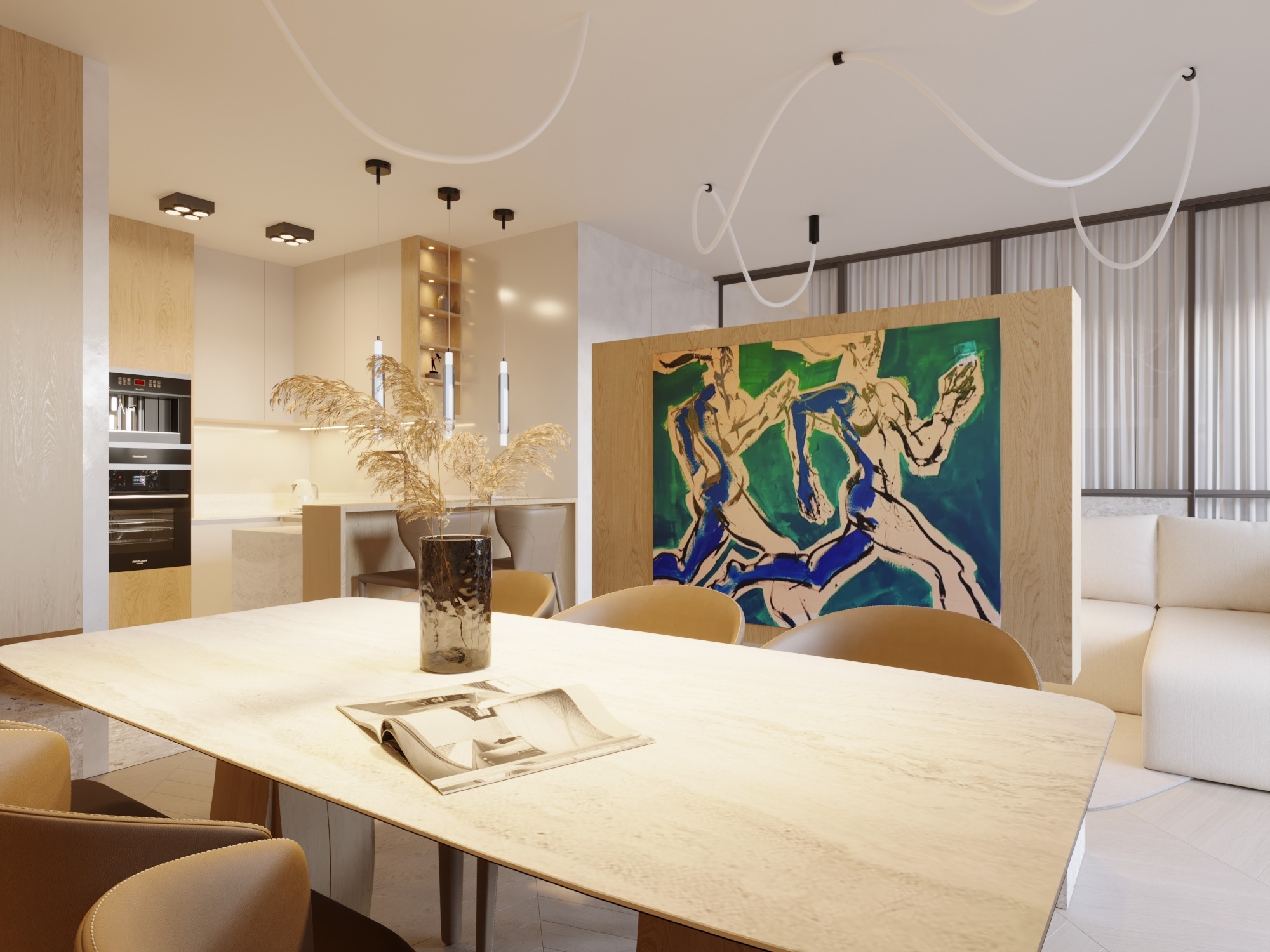 Jasna, nowoczesna jadalnia z widokiem na kuchnię, stół z blatem imitującym kamień, dekoracyjny wazon z suchymi trawami i abstrakcyjny obraz w tle.