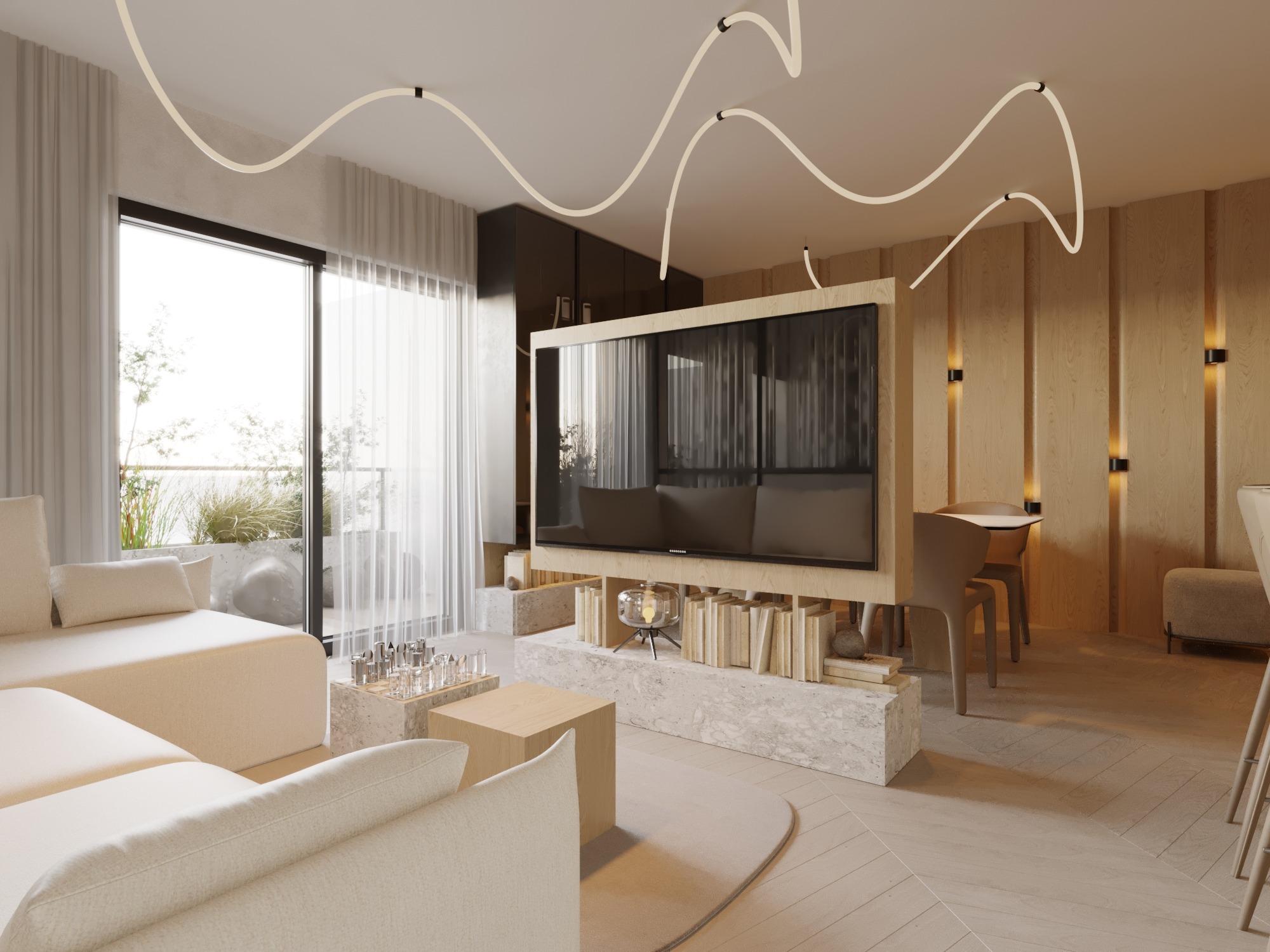 Jasny salon z narożną sofą, stolikiem kawowym, regałem pod telewizorem wypełnionym książkami, oknem balkonowym z widokiem na zieleń i nowoczesnym oświetleniem sufitowym.