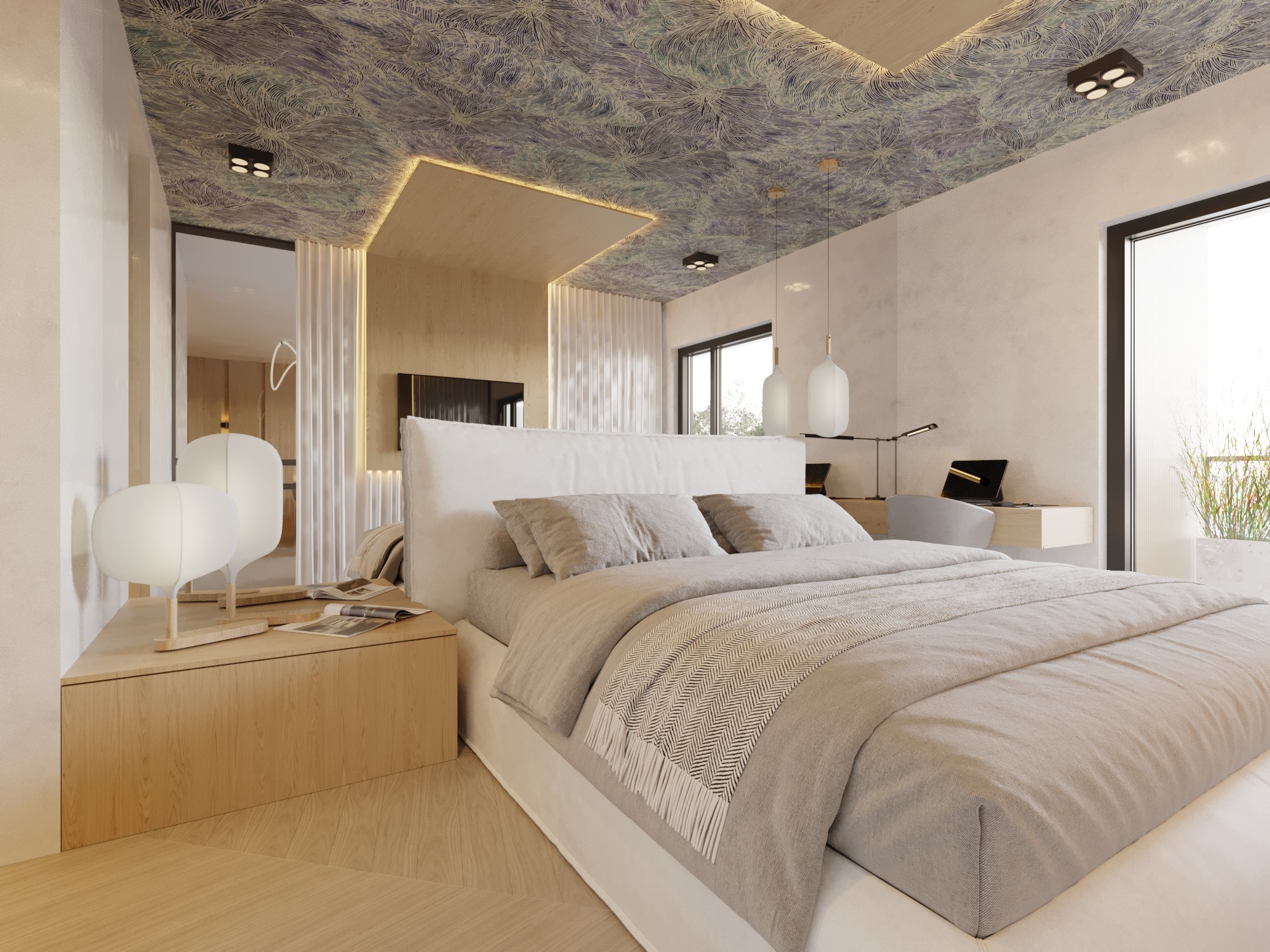 Nowoczesna sypialnia z wzorzystym sufitem, drewnianą podłogą i szafką nocną z lampkami w kształcie kuli.