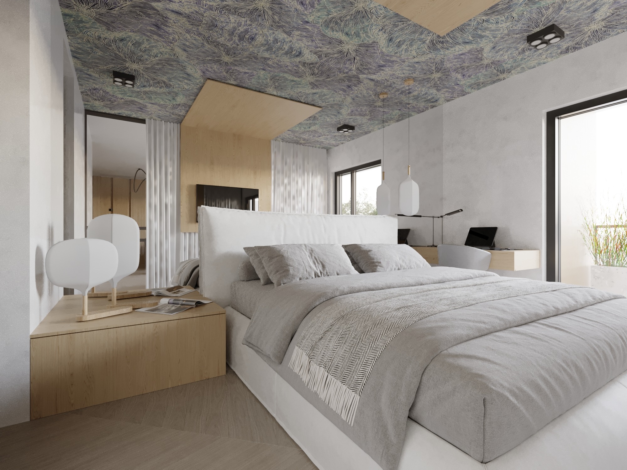 Nowoczesna sypialnia z wzorzystym sufitem, drewnianymi akcentami i minimalistycznym biurkiem przy oknie z widokiem na zieleń.