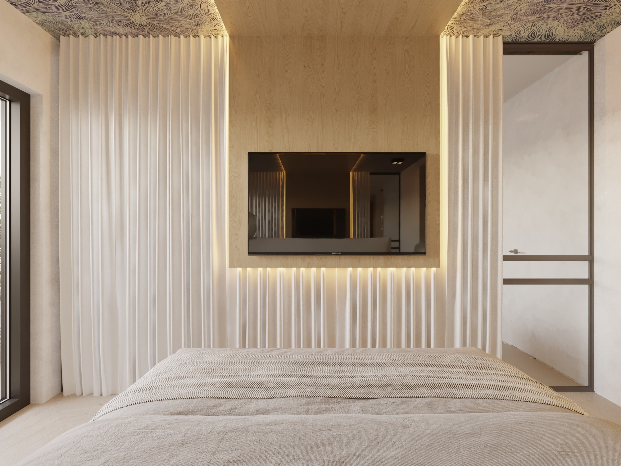 Nowoczesna sypialnia we Wrocławiu z beżowym łóżkiem, telewizorem w drewnianej wnęce z podświetleniem LED i wzorzystym sufitem.