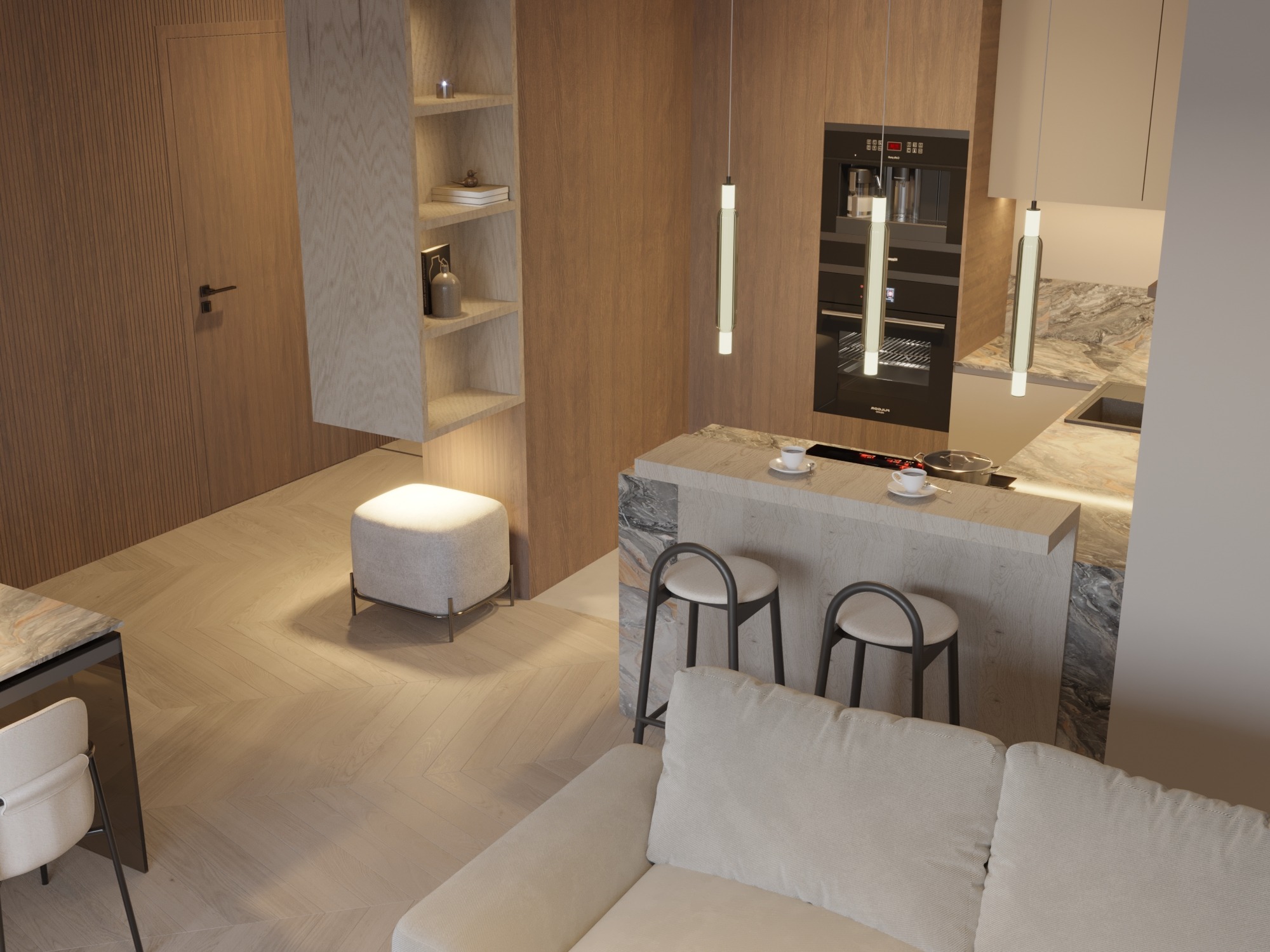 Nowoczesna kuchnia z wyspą, drewniane fronty szafek, wbudowany sprzęt AGD, marmurowy blat, minimalistyczne oświetlenie i krzesła barowe.