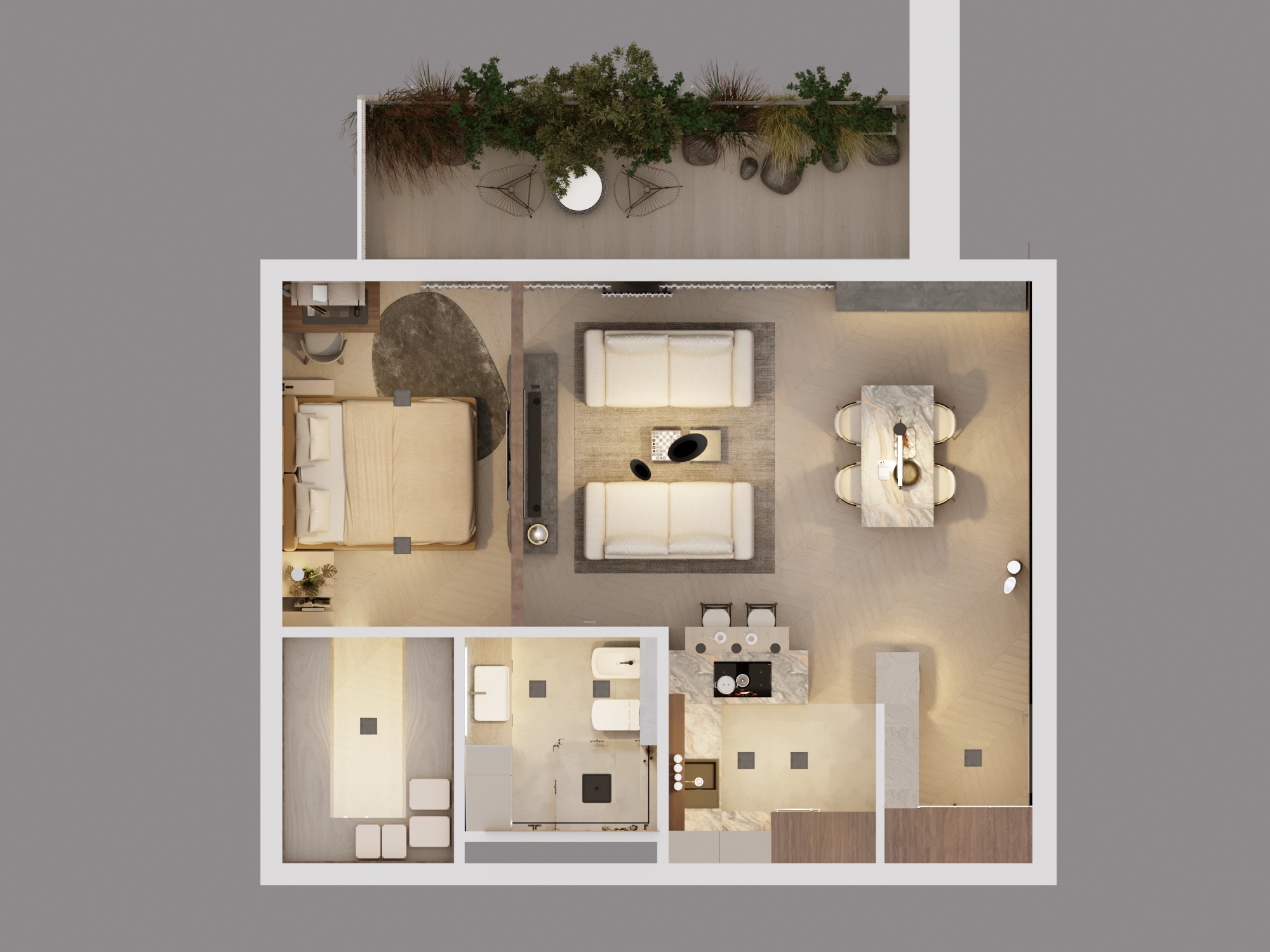 Widok z góry na plan mieszkania z balkonem, ukazujący rozkład pomieszczeń, meble i elementy dekoracyjne w neutralnej kolorystyce.