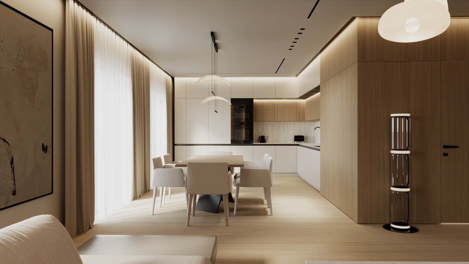 Nowoczesne wnętrze: jadalnia z kuchnią w neutralnych barwach, drewniana podłoga, minimalistyczne lampy wiszące, abstrakcyjny obraz na ścianie, designerska lampa podłogowa.