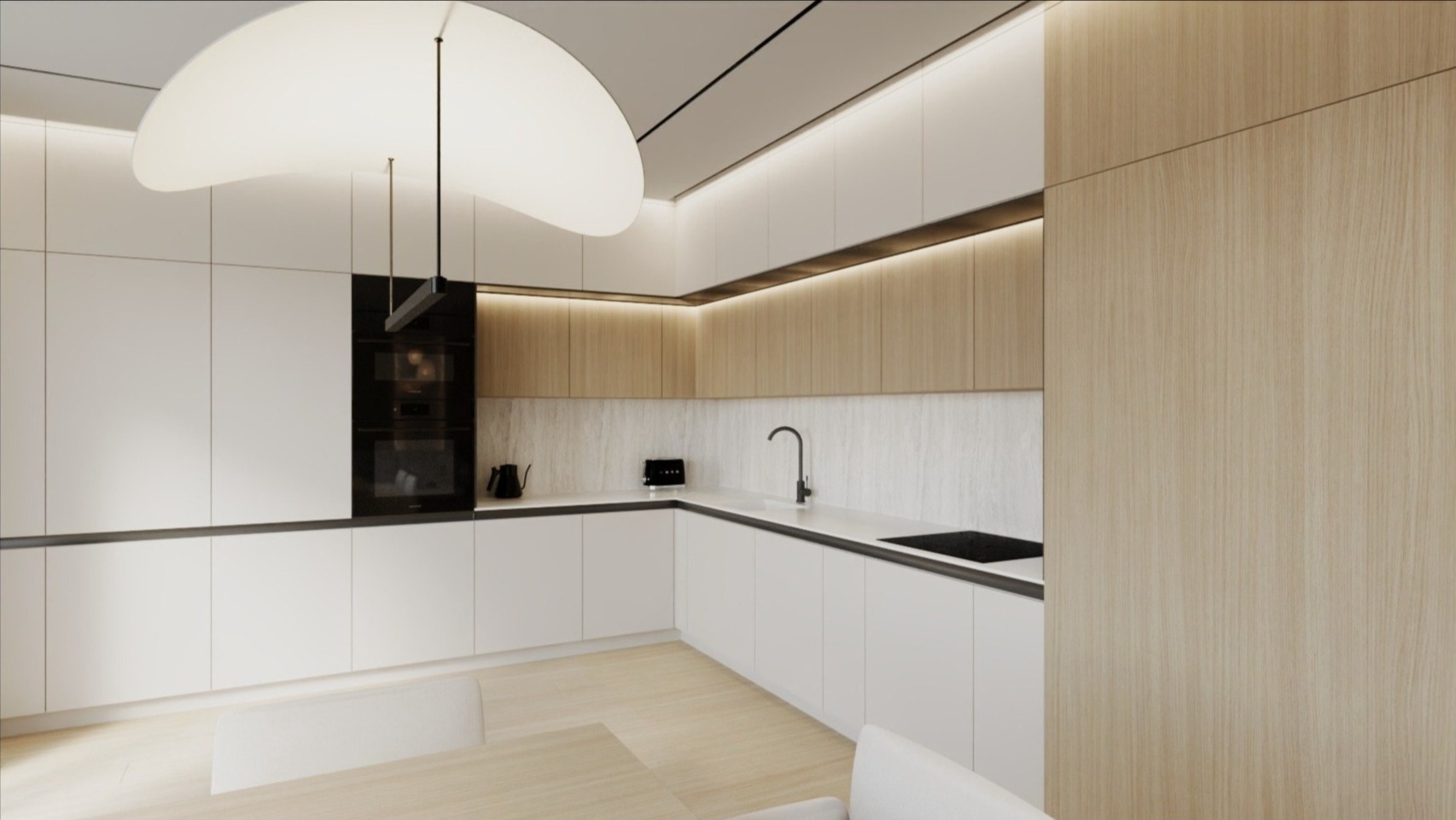 Nowoczesna kuchnia w bieli i drewnie z oświetleniem LED, minimalistycznym zlewem i czarnym piekarnikiem w zabudowie. Lampa sufitowa o unikalnym kształcie.