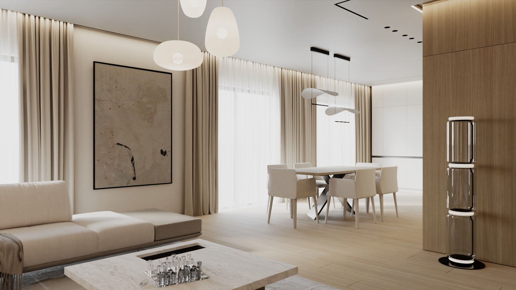 Jasne wnętrze: sofa, stół z krzesłami, abstrakcyjny obraz na ścianie, minimalistyczne lampy wiszące. Nowoczesny design z drewnianymi akcentami i dużymi oknami.