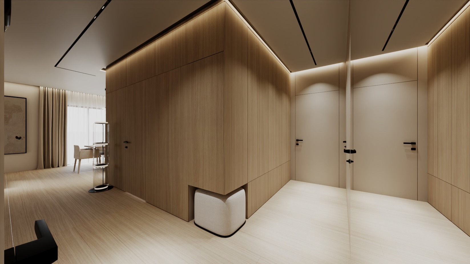 Nowoczesne wnętrze z drewnianą zabudową, minimalistycznym oświetleniem i subtelnymi akcentami kolorystycznymi. Widoczny fragment pokoju z krzesłem i zasłonami.