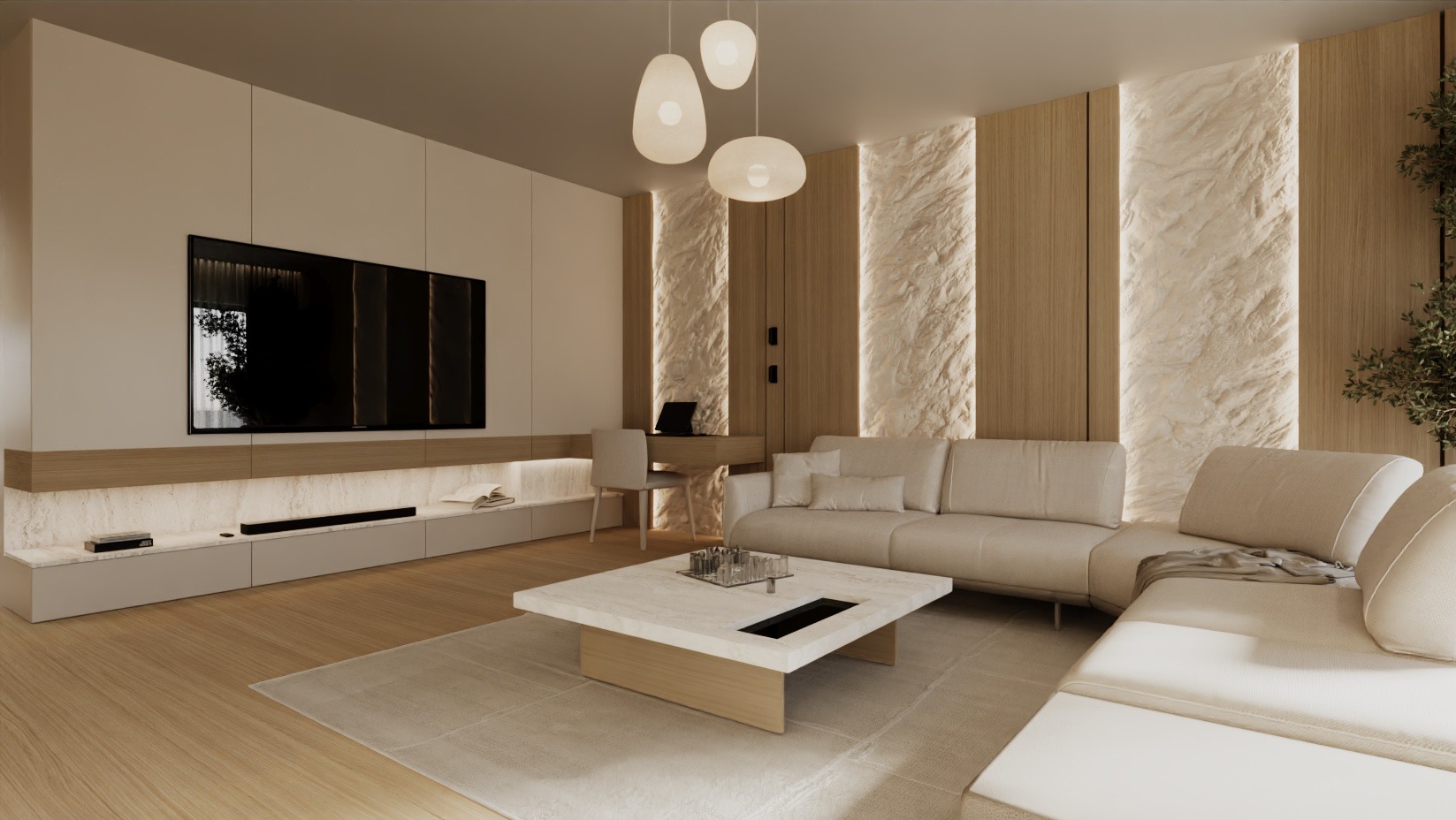 Jasne wnętrze salonu z telewizorem, sofą narożną i kamienną ścianą z oświetleniem. Minimalistyczny stolik kawowy i drewniana podłoga dopełniają aranżację.