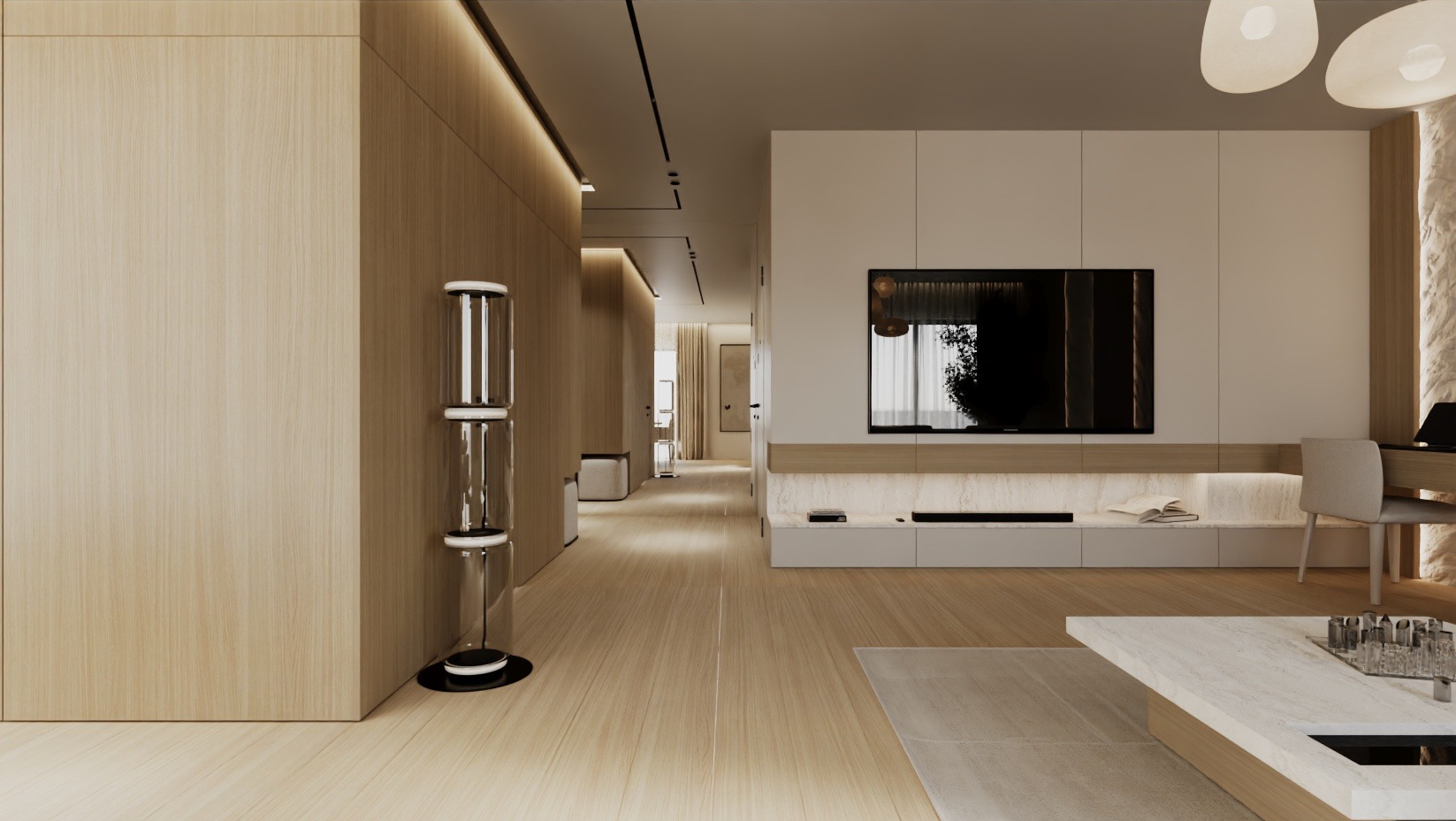 Nowoczesne wnętrze salonu z drewnianą podłogą, minimalistyczną zabudową TV i dekoracyjną lampą podłogową. Stonowana kolorystyka, ciepłe oświetlenie.
