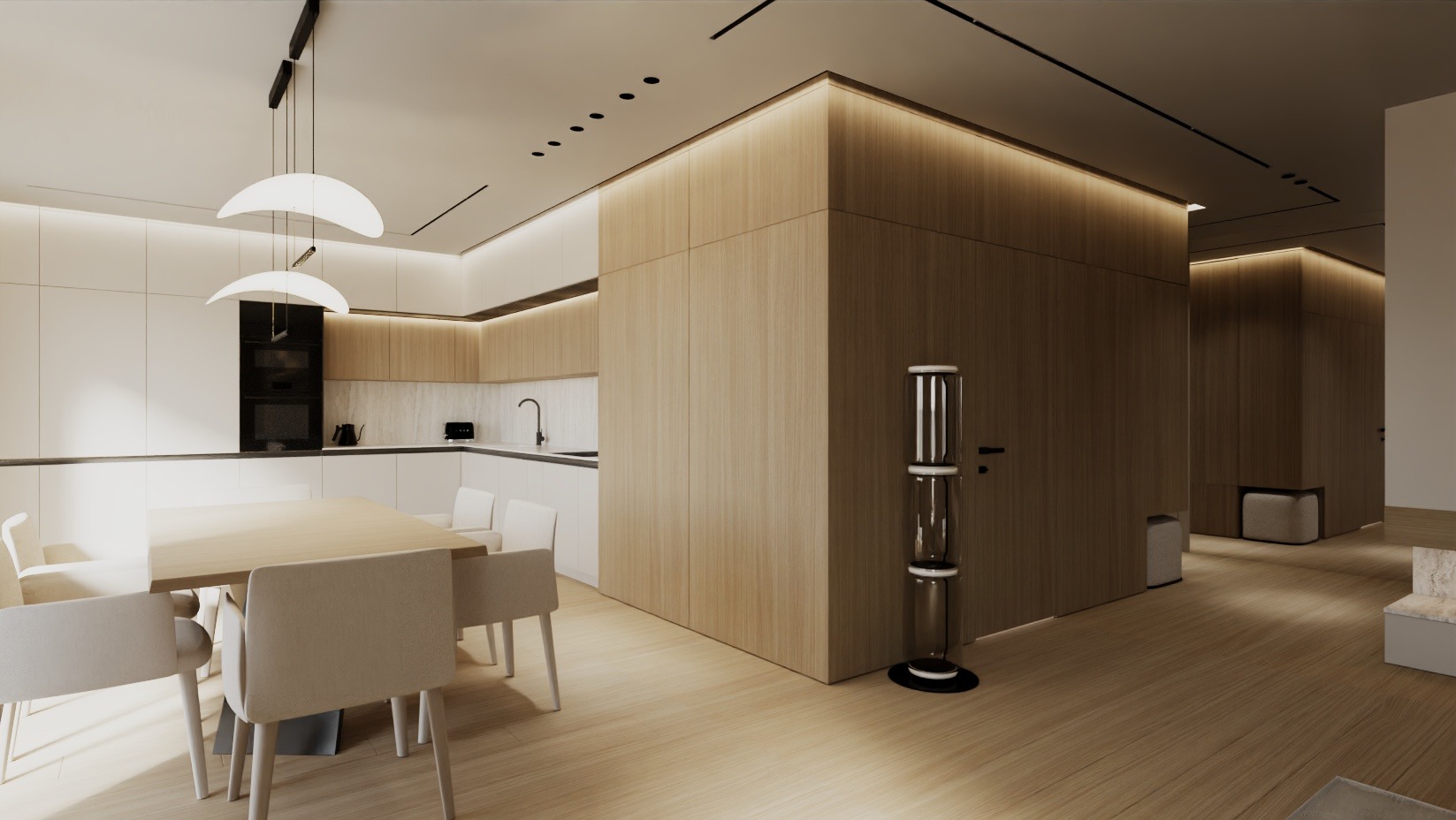 Nowoczesna kuchnia z jadalnią we Wrocławiu. Jasne drewno, minimalistyczne lampy, eleganckie krzesła. Przestronne wnętrze z subtelnym oświetleniem.