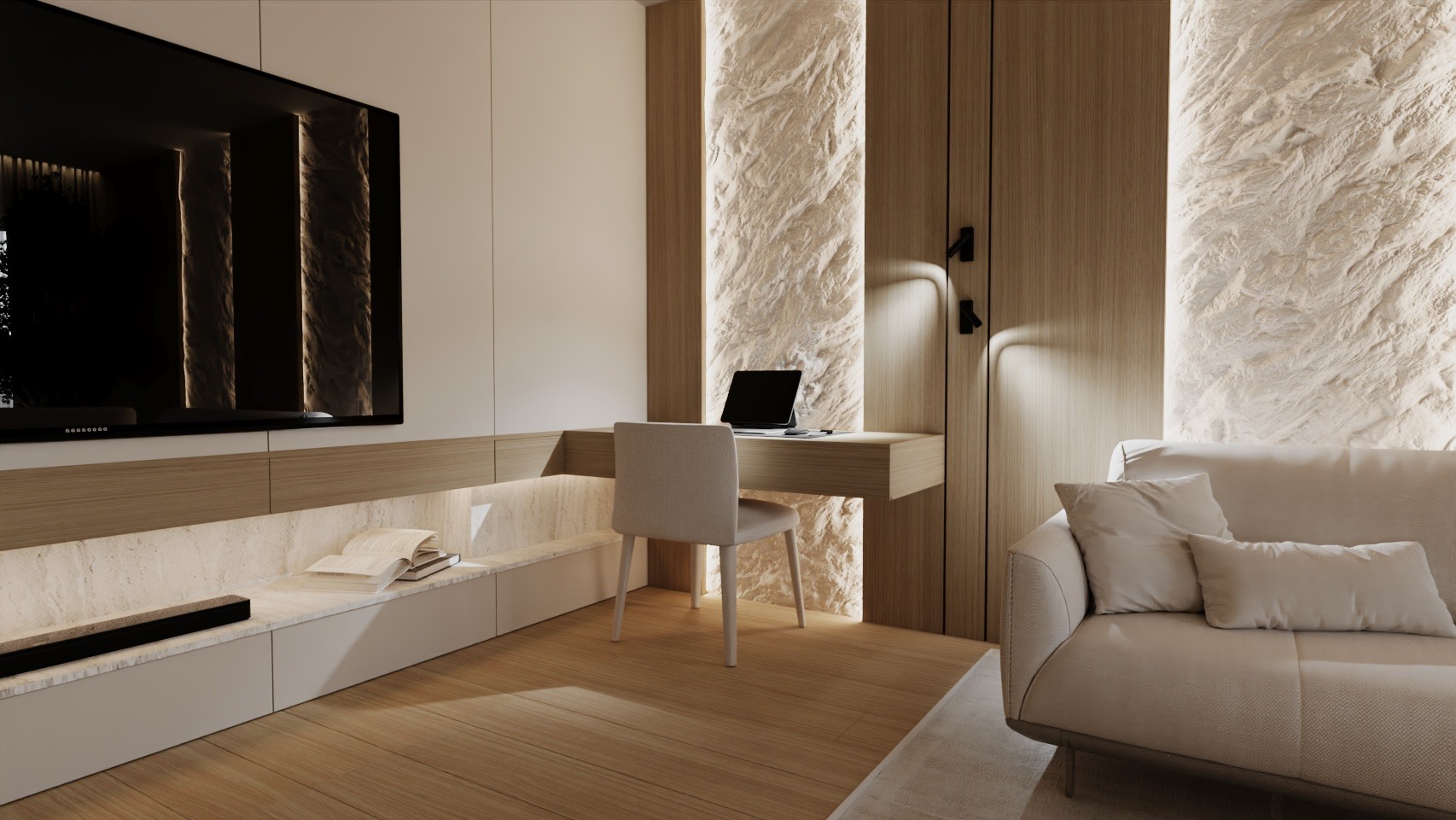 Nowoczesny pokój z biurkiem i TV. Ściana z kamienną fakturą, oświetlenie LED. Minimalistyczny design, beżowa kolorystyka, laptop na biurku. Książki na półce pod telewizorem.