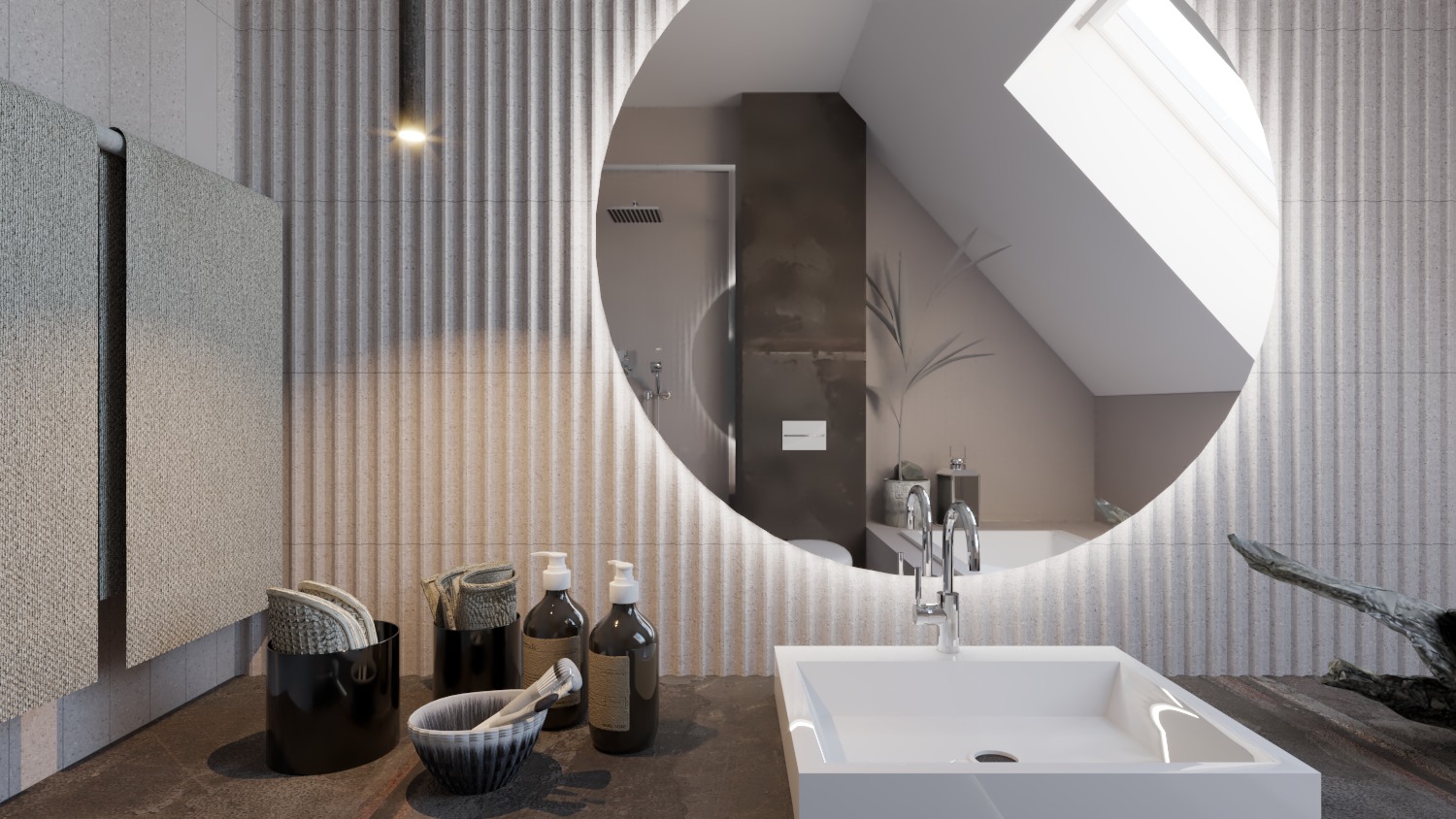 Nowoczesna łazienka z umywalką nablatową, okrągłym lustrem odbijającym kabinę prysznicową i oknem dachowym, oraz dekoracyjną ścianą z pionowymi żłobieniami.