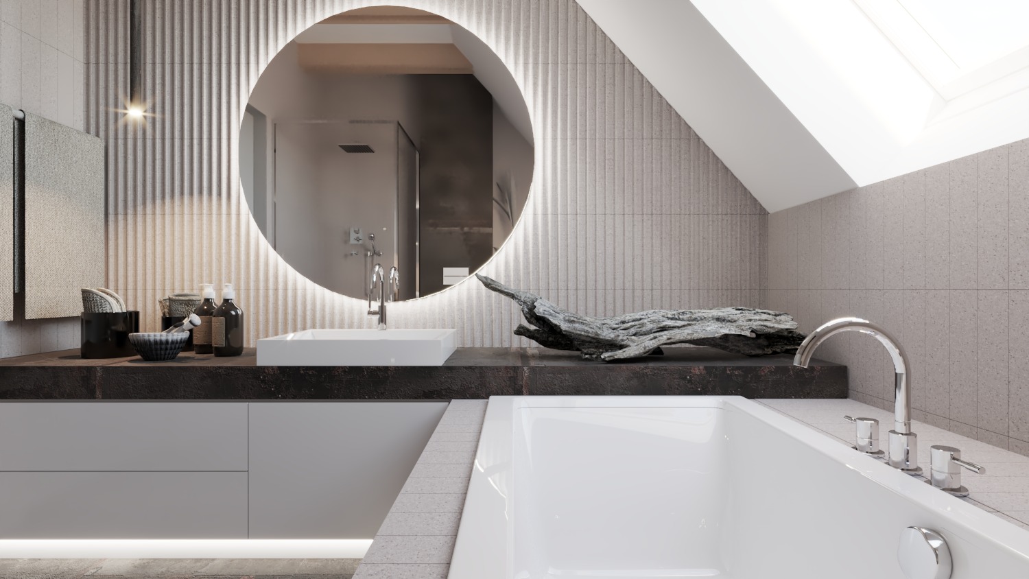 Nowoczesna łazienka z okrągłym lustrem podświetlanym LED, białą umywalką nablatową, wanną i blatem z kamienia w odcieniach szarości, ozdobiona dekoracyjnym kawałkiem drewna.