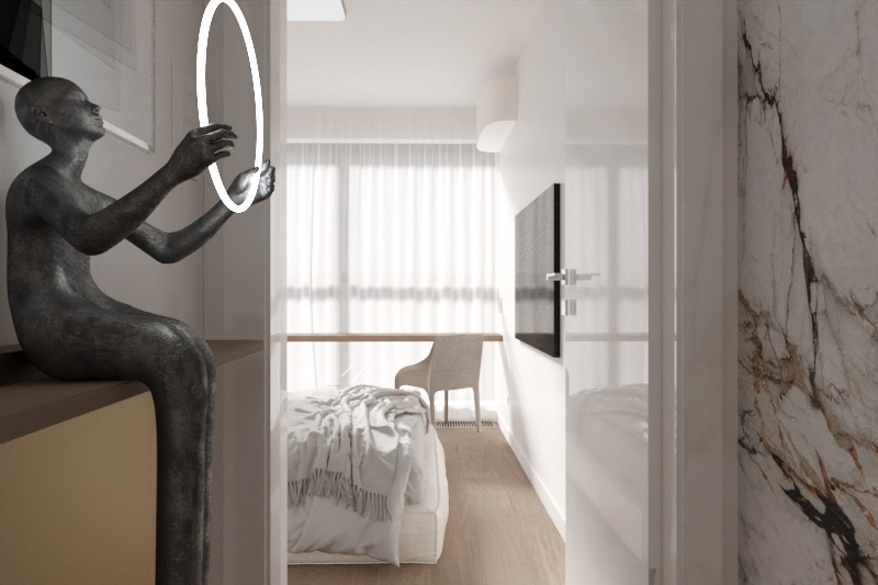 Nowoczesna sypialnia z minimalistycznym wystrojem, obejmująca rzeźbę na szafce nocnej, łóżko z białą pościelą oraz marmurową ścianę.