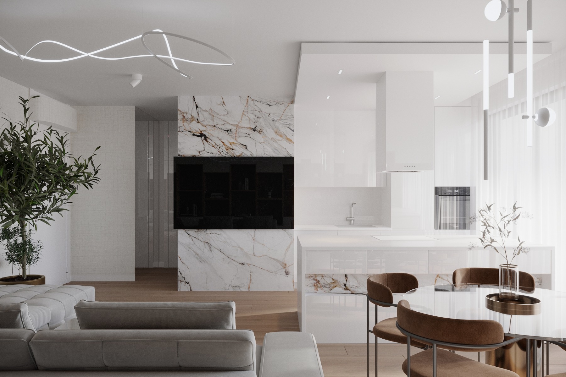 Eleganckie wnętrze: salon z aneksem kuchennym w bieli i marmurze, nowoczesne oświetlenie, okrągły stół z brązowymi krzesłami, sofa w odcieniach szarości i dekoracyjna roślina.