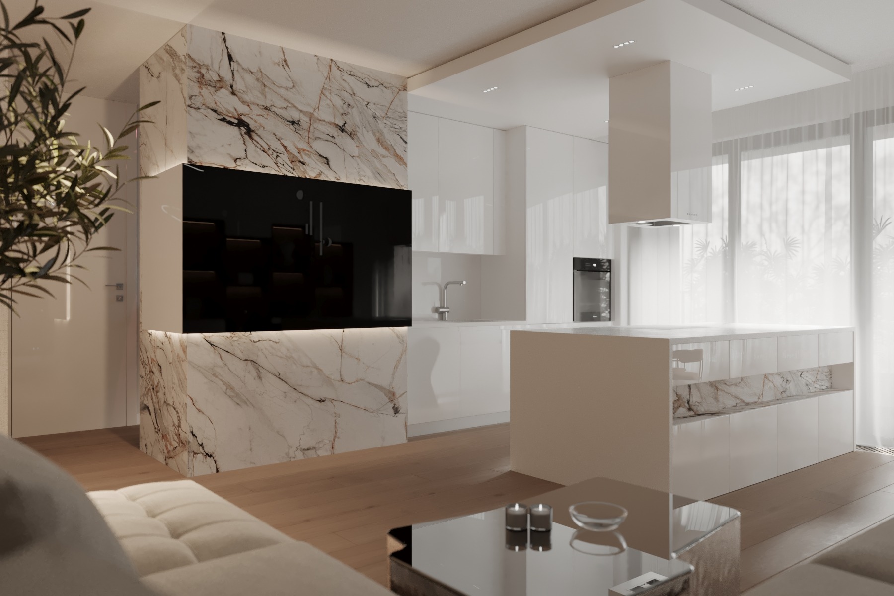 Nowoczesna kuchnia z wyspą, białe szafki z marmurowym akcentem, minimalistyczny design, drewniana podłoga, widok z salonu, delikatne światło dzienne.