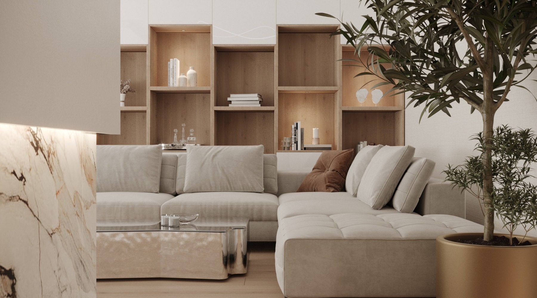 Jasny salon z narożną sofą, szklanym stolikiem kawowym i regałem z drewnianymi półkami, oświetlonym od wewnątrz, oraz drzewkiem w złotej donicy.