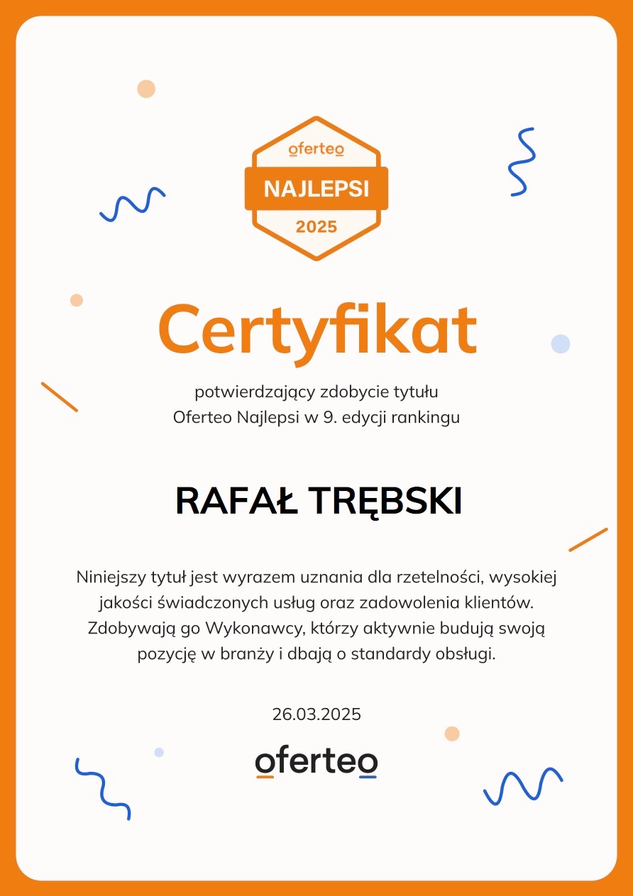 Certyfikat Oferteo Najlepsi 2025 dla Rafała Trębskiego, potwierdzający uznanie za rzetelność i wysoką jakość usług. Pomarańczowa ramka, minimalistyczny design.