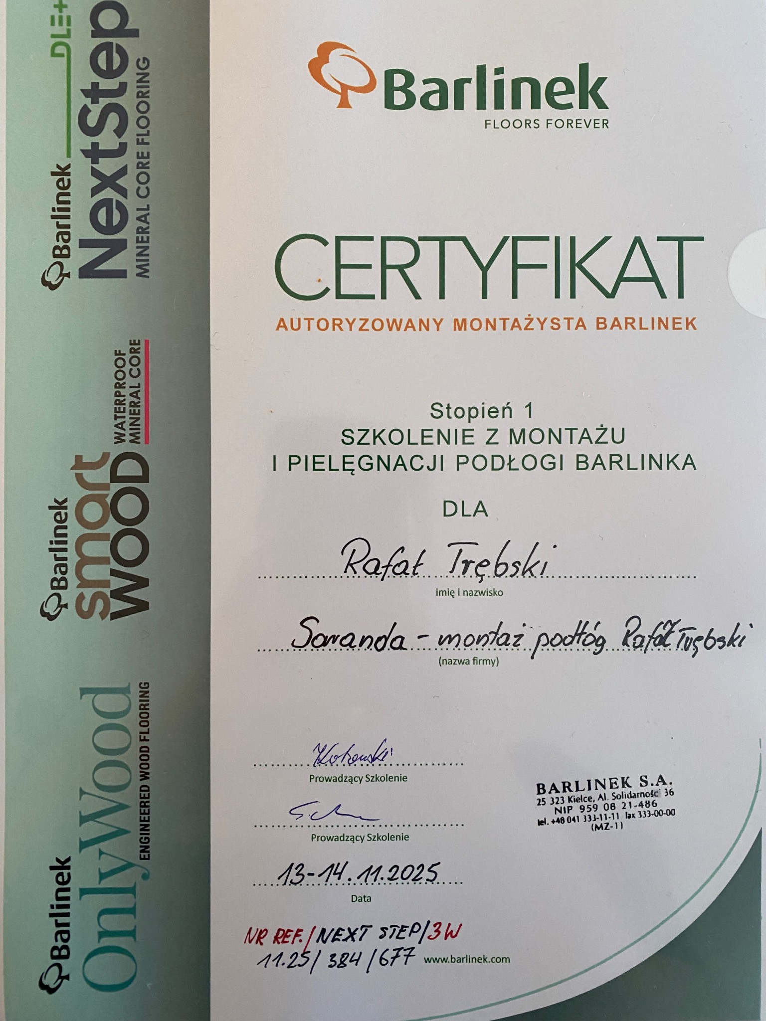 Certyfikat autoryzowanego montażysty Barlinek dla Rafała Trębskiego, potwierdzający ukończenie szkolenia z montażu i pielęgnacji podłóg Barlinka. Ważny do 14.11.2025.