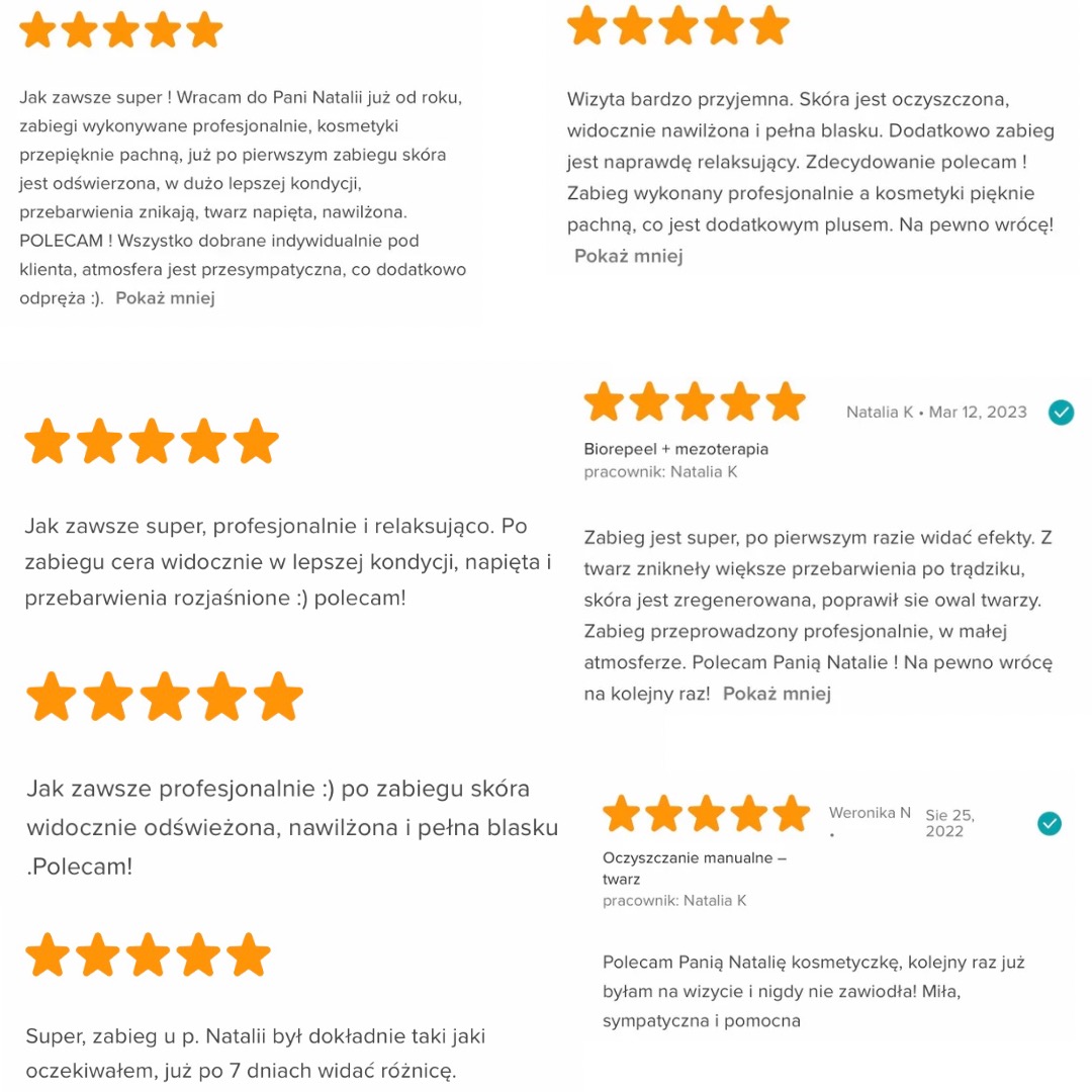 Zrzut ekranu z pozytywnymi opiniami klientów na temat zabiegów kosmetycznych, podkreślających profesjonalizm, relaksującą atmosferę i widoczne efekty poprawy stanu skóry.