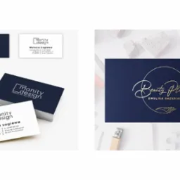 Zestaw wizytówek z minimalistycznym logo i danymi kontaktowymi na białym i granatowym tle, obok wizytówka z eleganckim, złotym napisem 'Beauty Place' na granatowym tle, otoczone elementami...