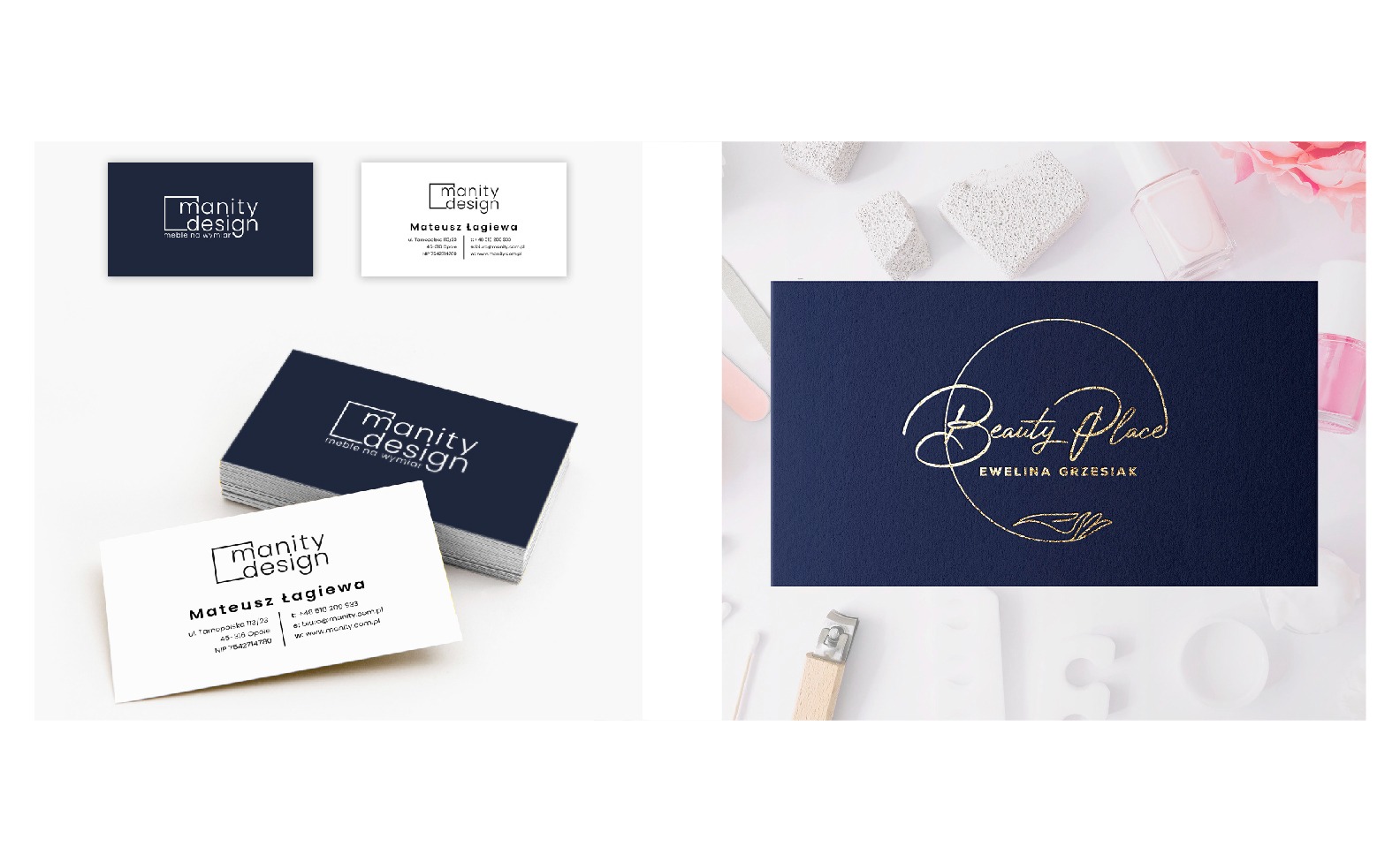 Zestaw wizytówek z minimalistycznym logo i danymi kontaktowymi na białym i granatowym tle, obok wizytówka z eleganckim, złotym napisem 'Beauty Place' na granatowym tle, otoczone elementami...
