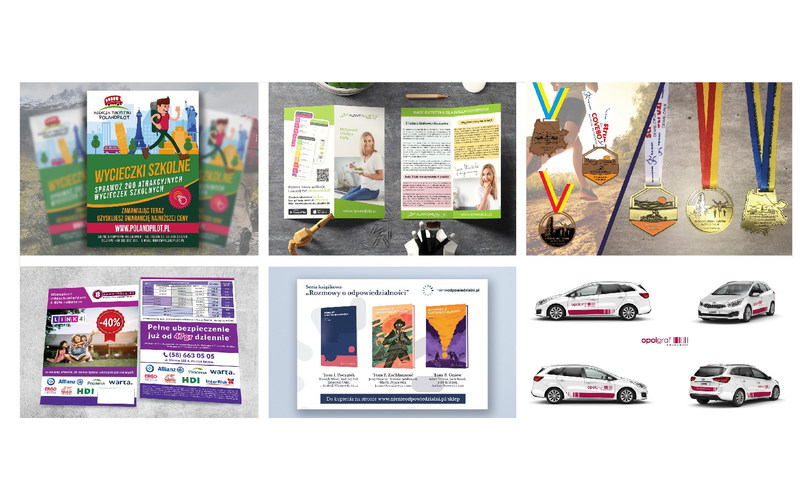 Kolaż materiałów reklamowych: ulotka turystyczna, aplikacja dietetyczna, okładki książek, medale sportowe, samochody z reklamą, oferty ubezpieczeń.