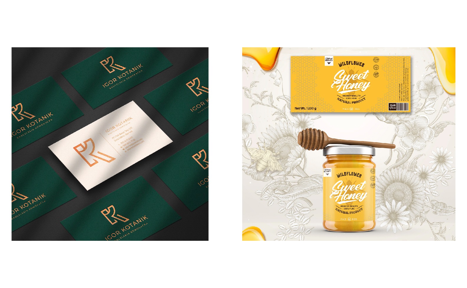 Kompozycja graficzna przedstawiająca wizytówki z logo kancelarii adwokackiej w odcieniach zieleni i złota oraz słoik miodu z etykietą 'Wildflower Sweet Honey' na tle z motywami kwiatowymi.