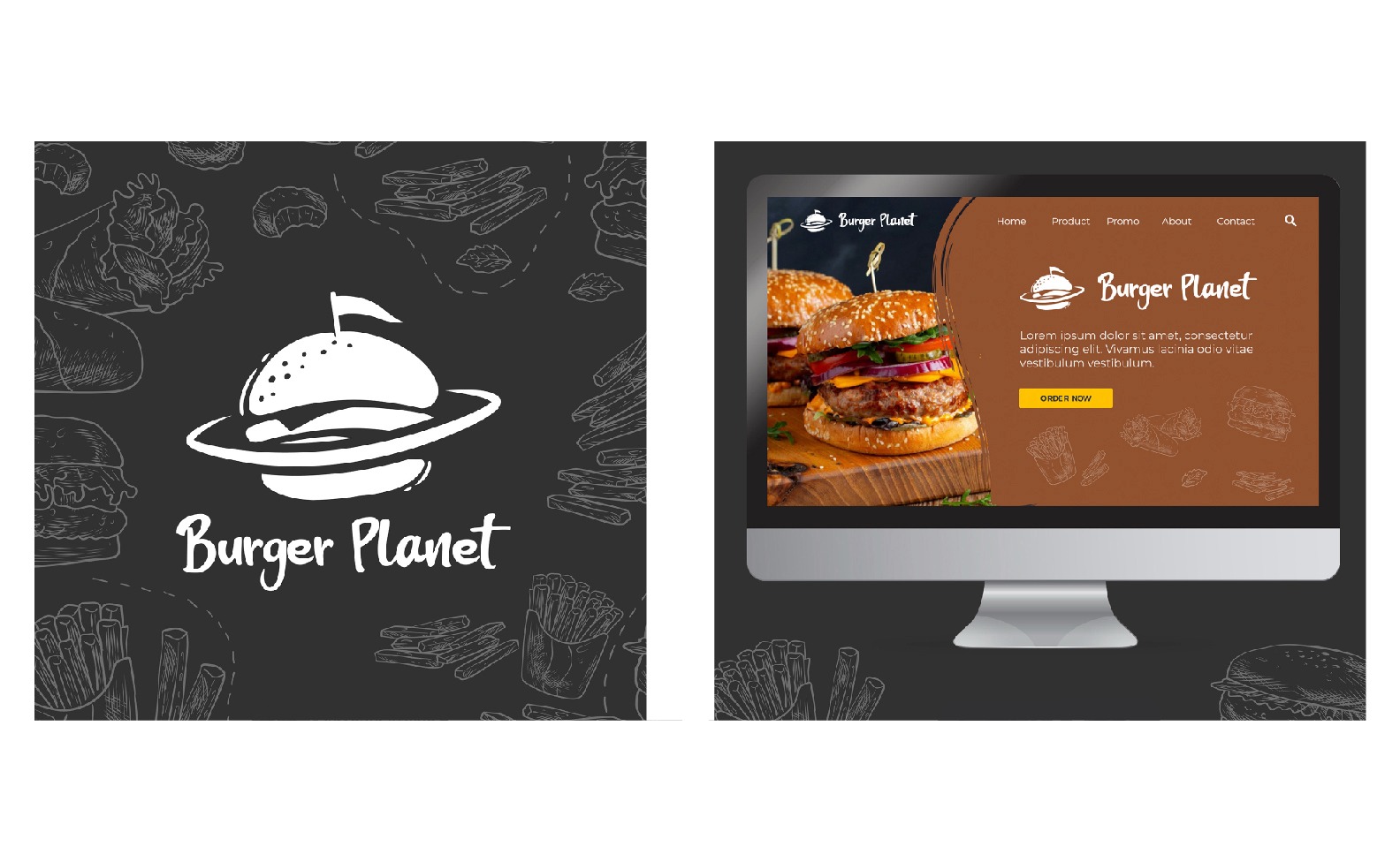 Prezentacja strony internetowej Burger Planet na monitorze, obok logo firmy na ciemnym tle z szkicami jedzenia.