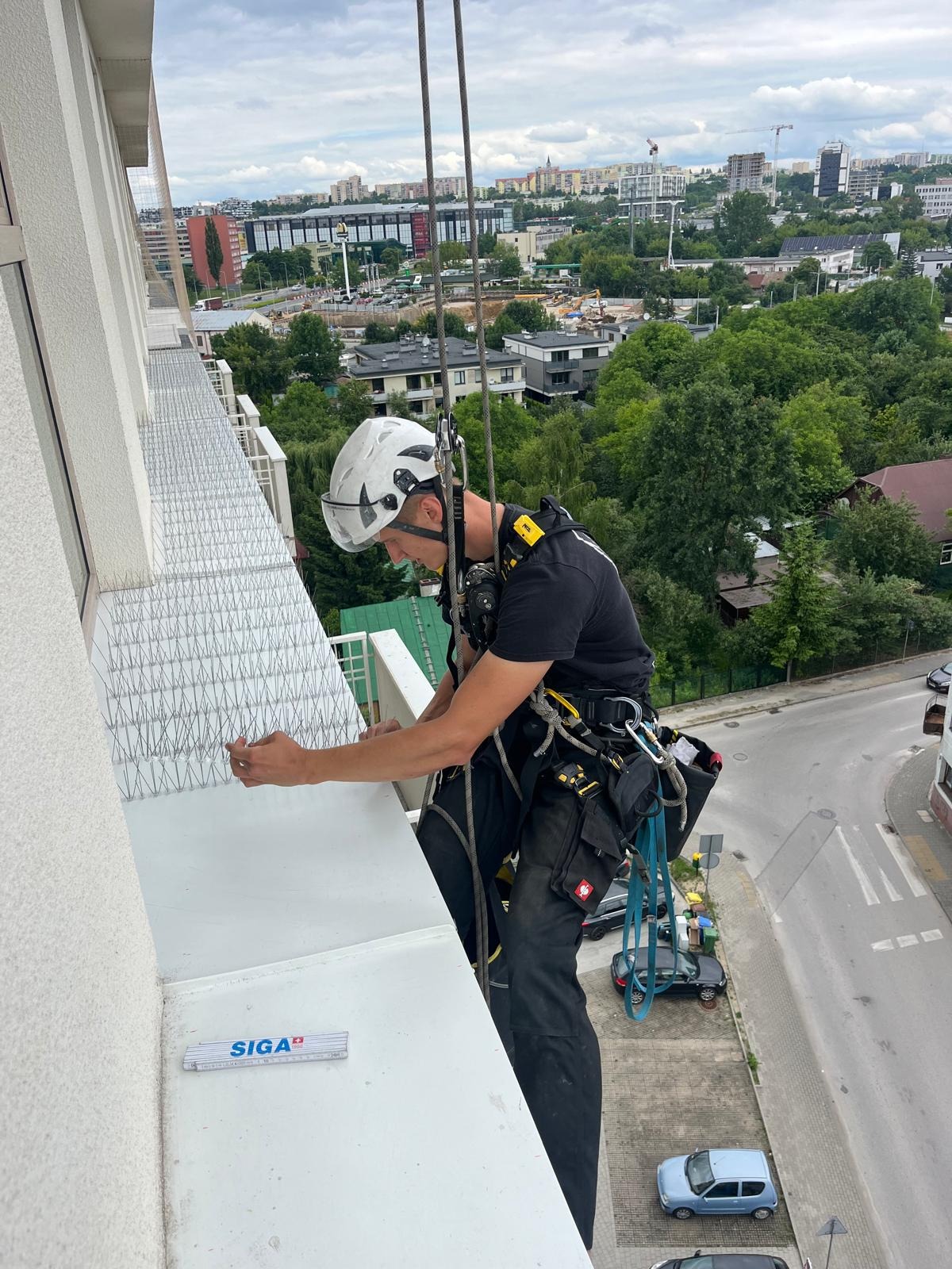 Pracownik w uprzęży, montujący kolce przeciw ptakom na krawędzi dachu budynku mieszkalnego, z widokiem na miasto w tle.