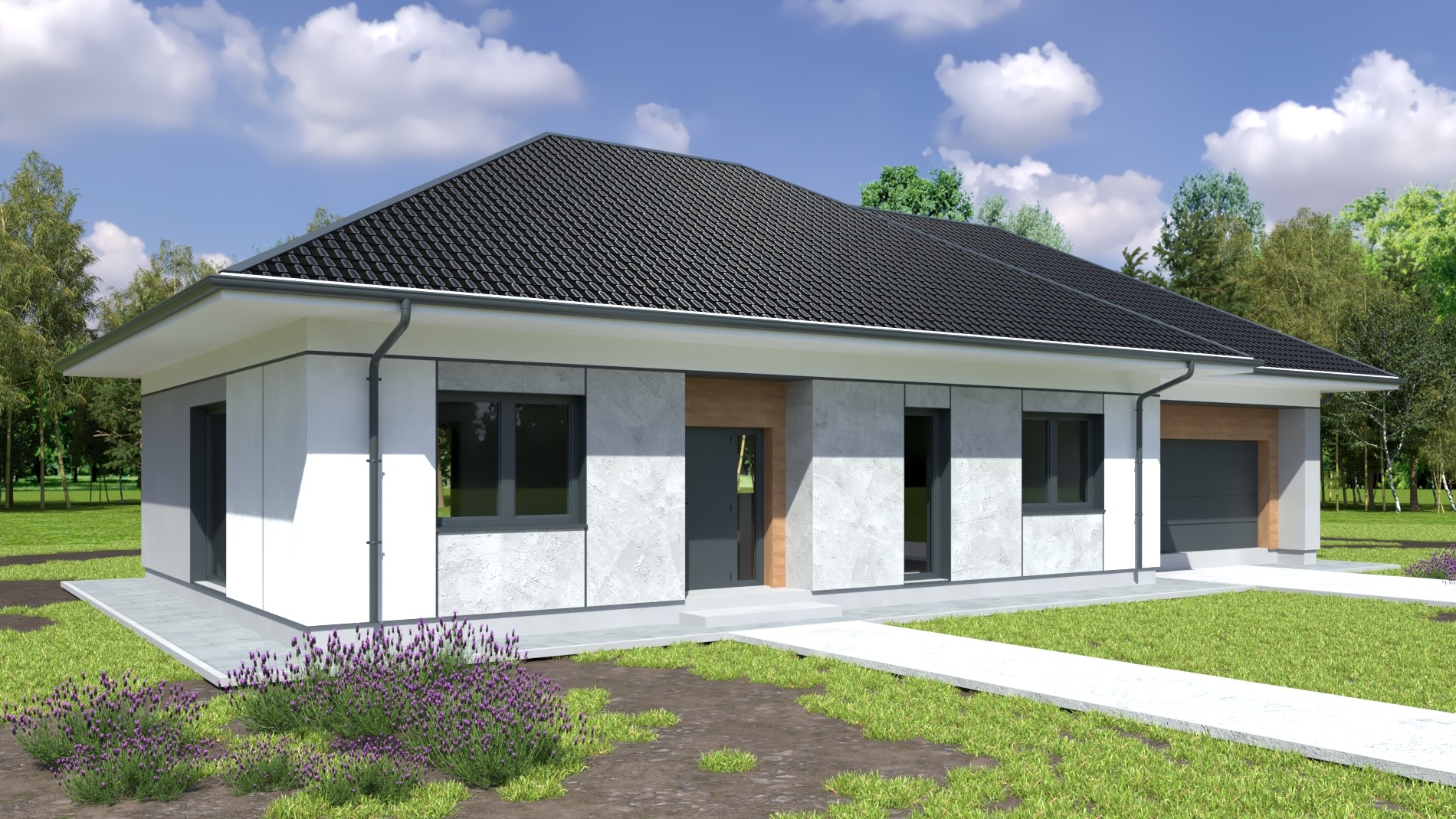 Wizualizacja parterowego domu jednorodzinnego z grafitowym dachem i elewacją w odcieniach bieli i szarości, z widocznymi fragmentami drewnianej stolarki, otoczonego zielenią i fioletowymi kwiatami.