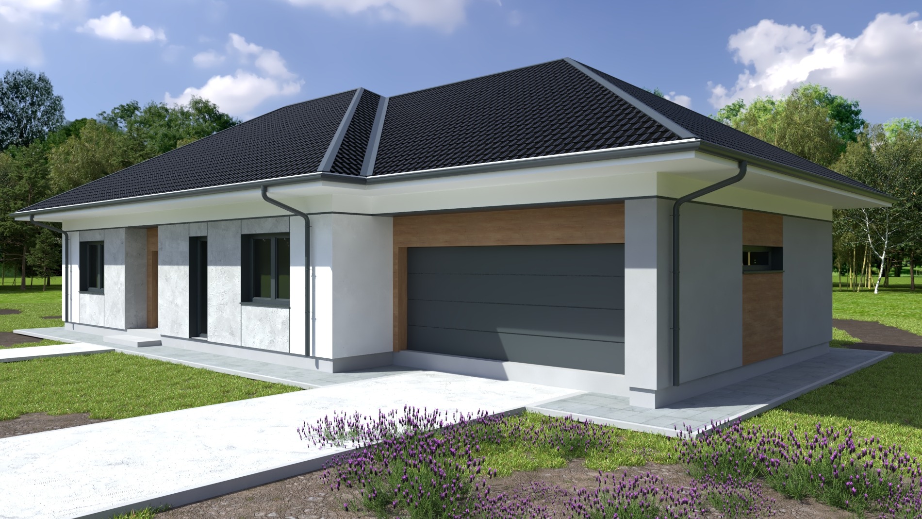 Wizualizacja parterowego domu jednorodzinnego z garażem, elewacja z elementami imitującymi beton i drewno, dach kryty czarną dachówką, otoczony zielenią i fioletowymi kwiatami lawendy.