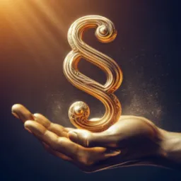 Złota figura paragrafu delikatnie spoczywa na dłoni, otoczona subtelnym pyłem, całość skąpana w ciepłym, górnym świetle.