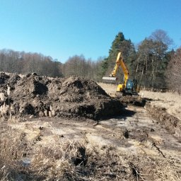 Usługi remontowo wykonczeniowe - Żółta koparka na tle lasu i błękitnego nieba podczas prac ziemnych. Widoczne świeżo przekopane rowy i pryzma ziemi. Prace ziemne w terenie.