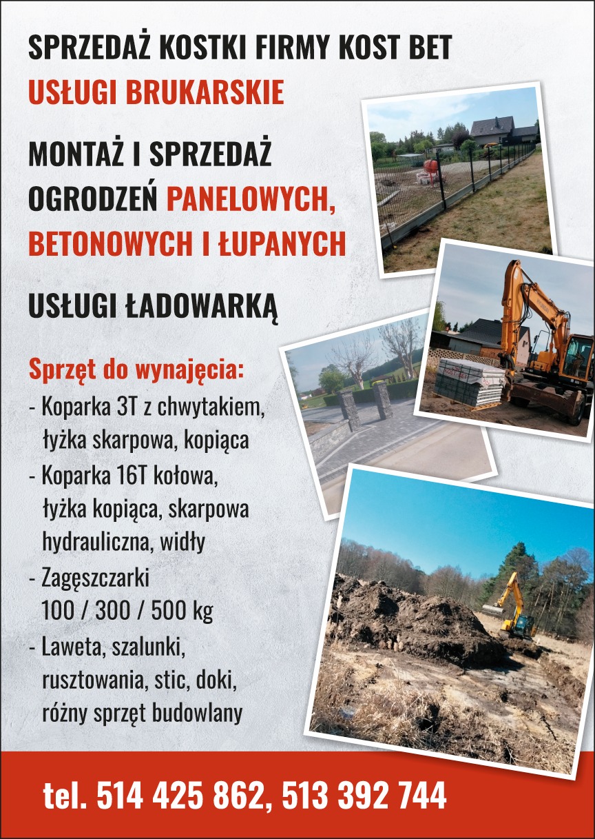 Kompozycja zdjęć oferty: ogrodzenie panelowe z siatką, koparka obok palety kostki brukowej, koparka w trakcie prac ziemnych. Reklama usług budowlanych.