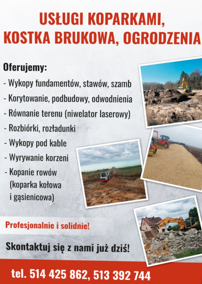Usługi koparkami, kostka brukowa, ogrodzenia: wykopy, równanie terenu, rozbiórki, kopanie rowów. Na zdjęciach koparki w akcji, teren budowy, gruzowisko.