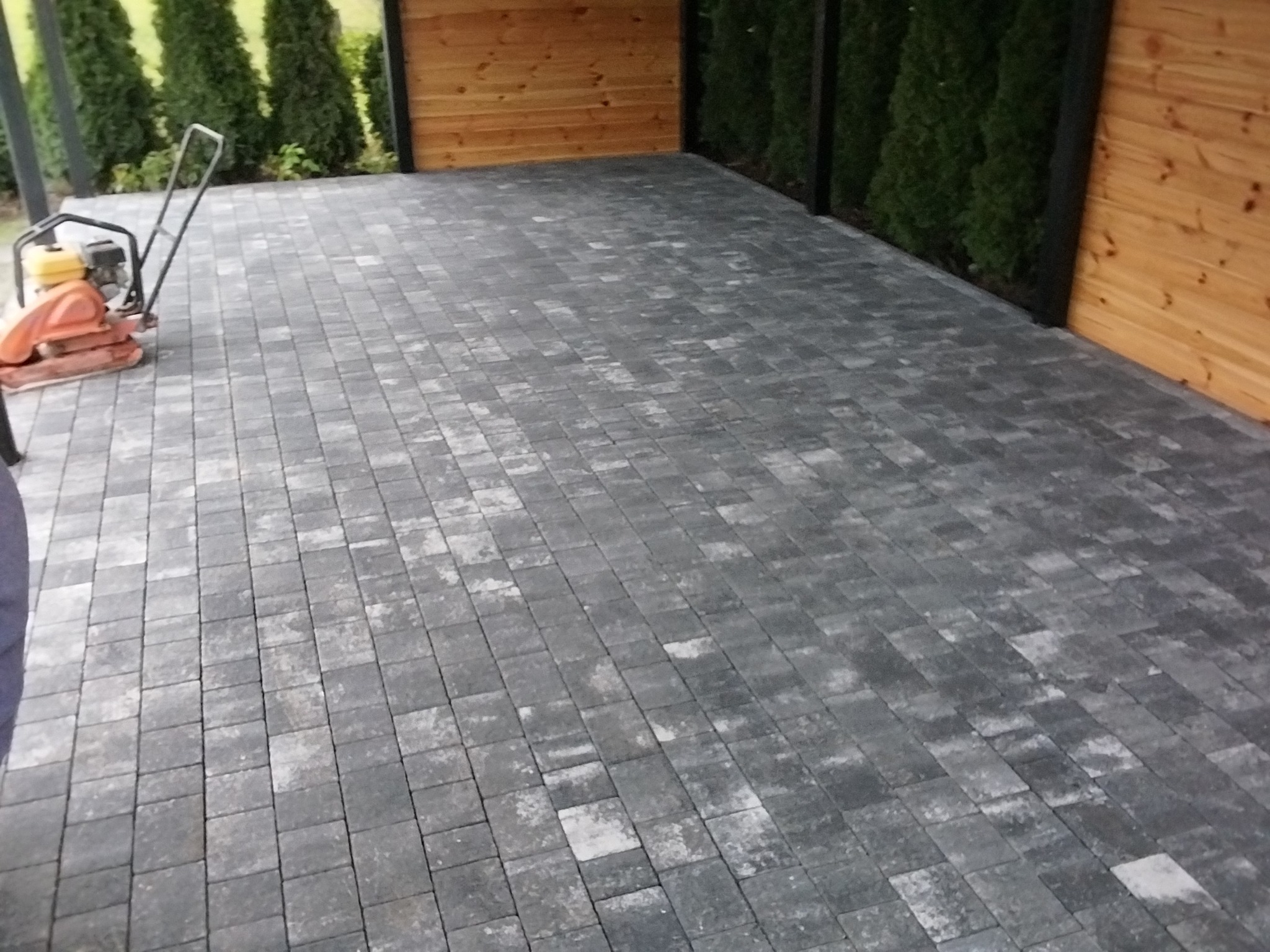 Ułożona, szara kostka brukowa na podwórku, z ubijarką w rogu. W tle drewniana ściana i rząd zielonych krzewów. Widok z góry, lekki kąt.