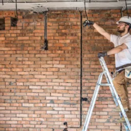 Elektryk w kasku i okularach ochronnych na drabinie, montuje przewody elektryczne w nowym budynku z surowej cegły, widoczne narzędzia w pasie, przewody w peszlach pod sufitem.