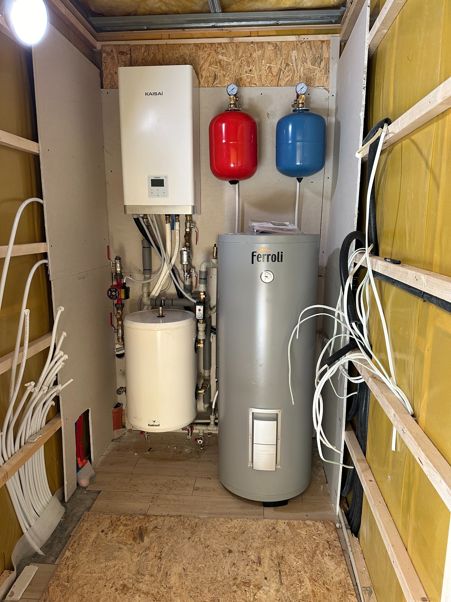Instalacja kotła Ferroli i zasobnika Galmet w pomieszczeniu z wykończonymi ścianami. Widoczne rury, manometry i elementy instalacji. Prace w toku.