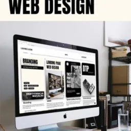 Ekran komputera iMac prezentujący stronę internetową z elementami graficznymi i tekstowymi, w tym branding, landing page web design, serwisy społecznościowe i druk reklamowy, na biurku z drewnianym...