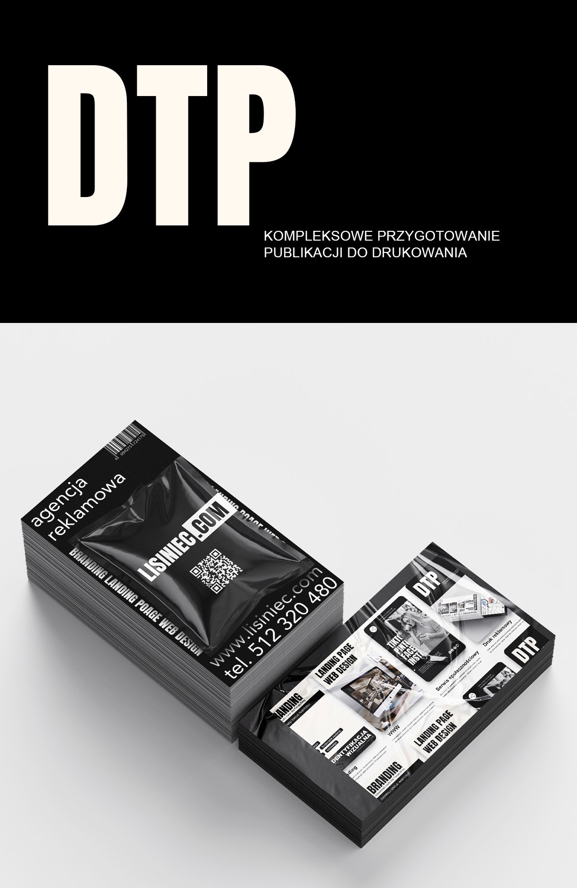 Stos wizytówek i ulotek reklamowych z logo firmy Lisiniec.com, prezentujących usługi brandingowe, tworzenie landing page i web design, ułożonych na jasnoszarym tle.