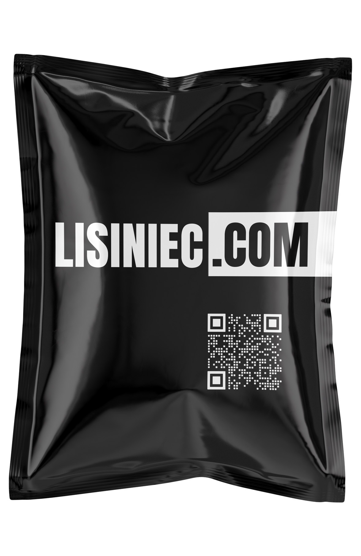 Czarna, błyszcząca folia z białym napisem 'LISINIEC.COM' i kodem QR.
