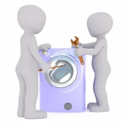 Dwie szare postacie z kreskówki naprawiają fioletową pralkę: jedna z kluczem francuskim, druga ze śrubokrętem.