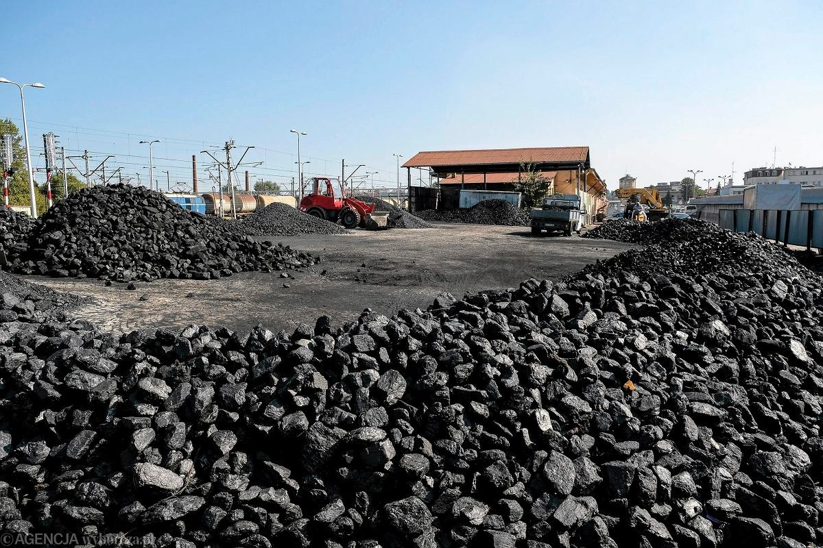 Składowisko węgla z hałdami, na tle widoczny czerwony ładowacz czołowy i budynek magazynowy