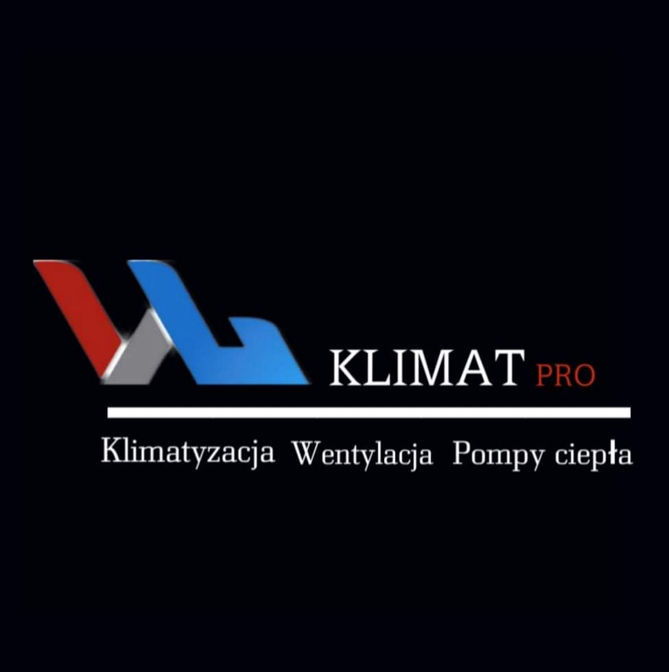 Logo firmy Klimat Pro z elementami graficznymi w kolorach czerwonym, szarym i niebieskim, pod napisem znajduje się informacja o świadczonych usługach: klimatyzacja, wentylacja i pompy ciepła.