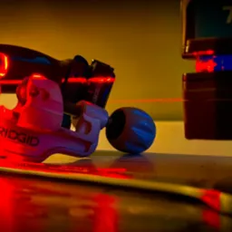 Kątomierz laserowy Makita wyświetla czerwoną linię na zacisku do rur Ridgid, wiertarko-wkrętarka Makita w tle, klucz płaski na pierwszym planie, oświetlenie halogenowe.